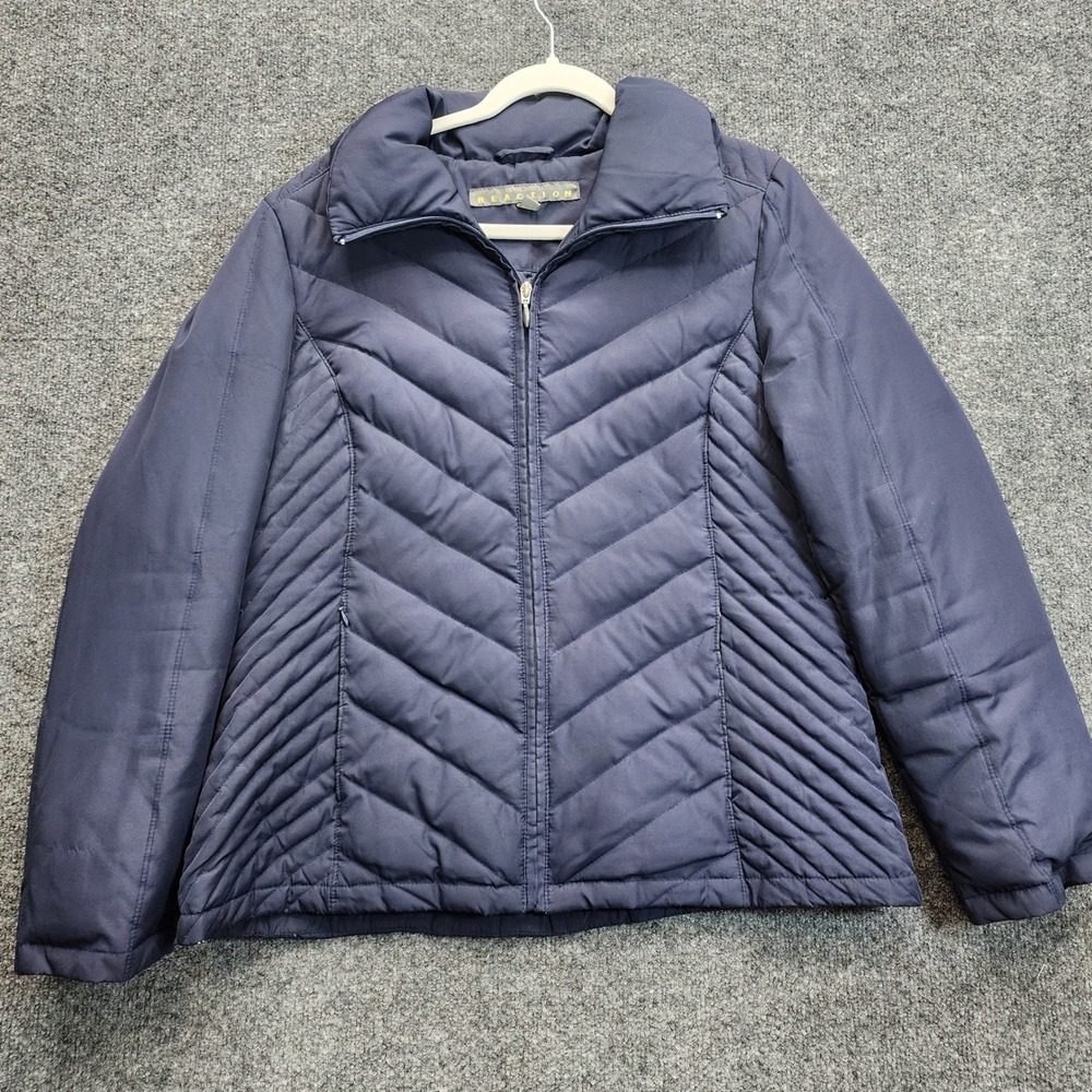 Kenneth Cole Reaction Puffer Jacket Womens Large Navy Blue Down Feather Quilted